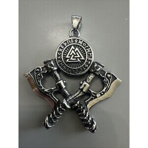 Valknot Axes Necklace, Viking Stainless Steel Berserker Pendant with Chain